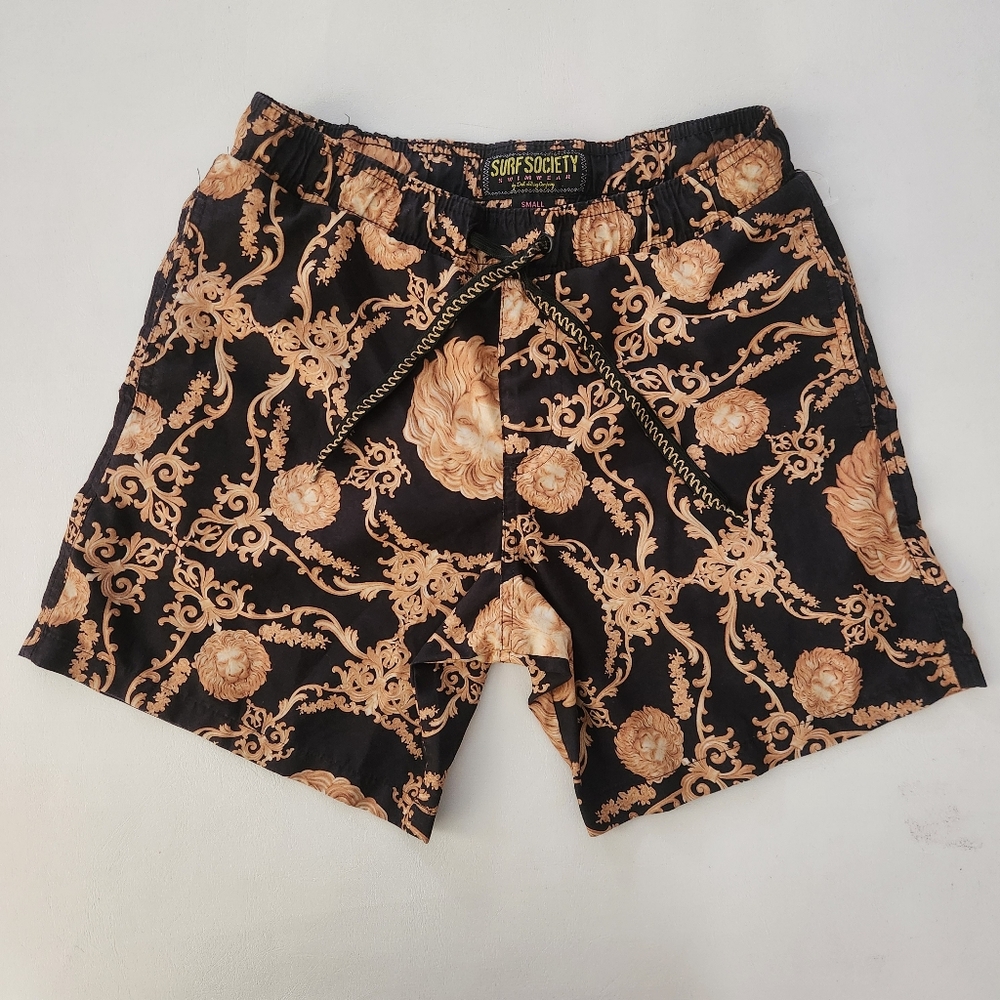 Surf Society Black and Gold Patterned Swim Shorts